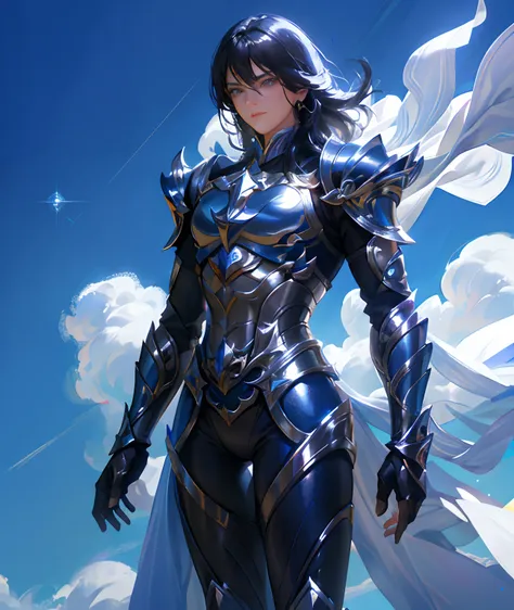 Ultra-high saturation，（tmasterpiece）， fully body photo，（best qualtiy）， （1girll）， starryskybackground，Wearing shiny gold armor， Sexy lingerie type armor，Expose your chest，Expose the waistline，Exposing thighs，cool-pose， Saint Seiya Armor， messy  hair，high de...