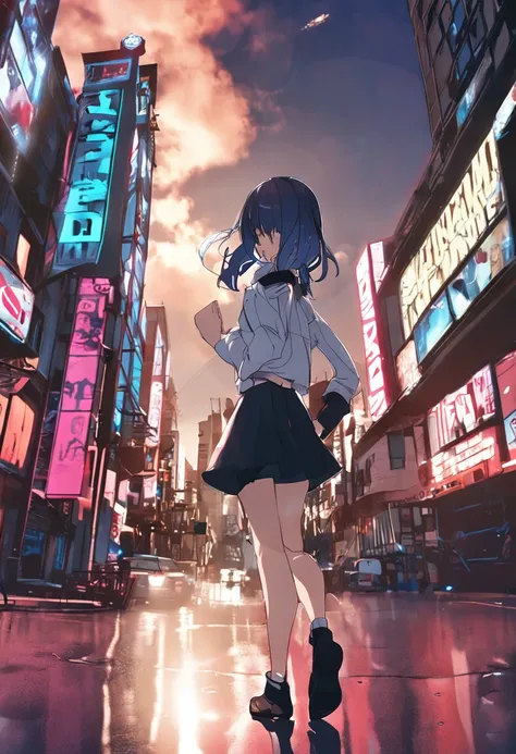 Jinx, One girl in the photo, Anime style, personage, blue hair, Slim, White Topic, Black Short Skirt, black stockings, An insidious smile, walks around the city, in full height