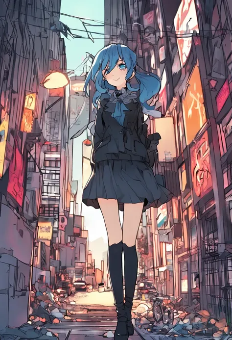 Jinx, One girl in the photo, Anime style, personage, blue hair, Slim, White Topic, Black Short Skirt, black stockings, An insidious smile, walks around the city, in full height