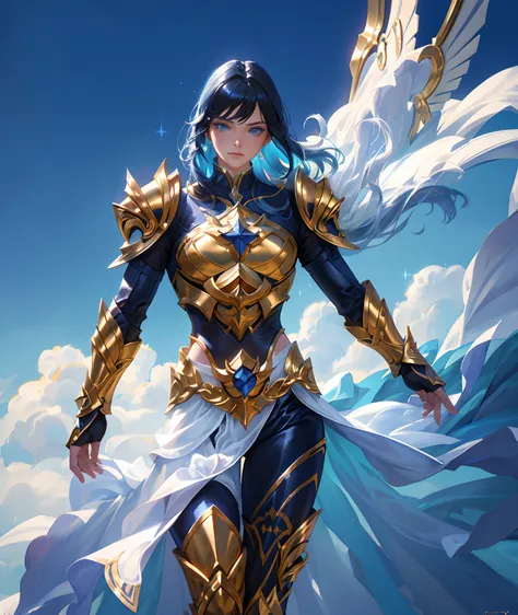 Ultra-high saturation，（tmasterpiece）， fully body photo，（best qualtiy）， （1girll）， starryskybackground，Wearing shiny gold armor， Sexy lingerie type armor，Expose your chest，Expose the waistline，Exposing thighs，cool-pose， Saint Seiya Armor， messy  hair，high de...