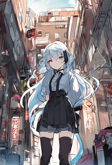 Jinx, One girl in the photo, Anime style, personage, blue hair, Slim, White Topic, Black Short Skirt, black stockings, An insidious smile, walks around the city, in full height