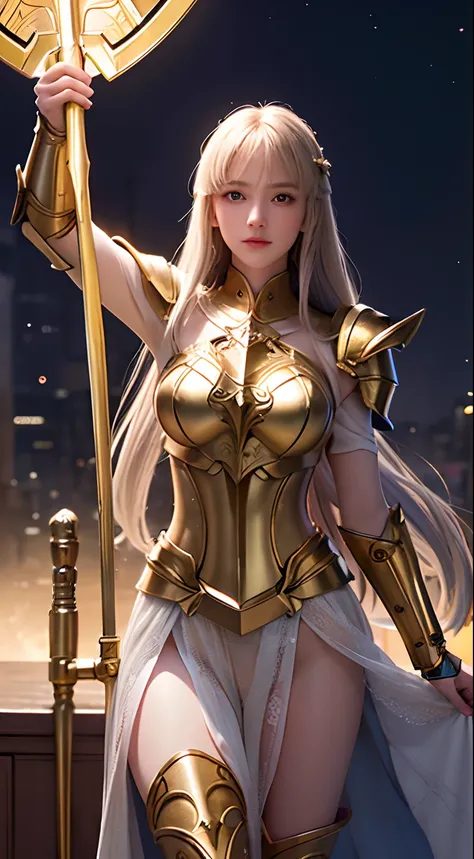 An awe-inspiring paladin wearing golden armor, wielding a sword imbued with radiant light, and holding a golden giant shield. The paladin’s blue eyes shine with determination as they navigate through the dark and mysterious cityscape. The glow of the palad...