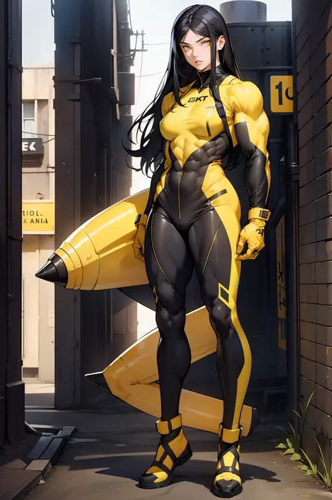 (((((1 girl))))), black hair, yellow eyes, very long hair, ((((((muscular)))))), tall, pale skin, bodysuit, ((full body)), (solo)