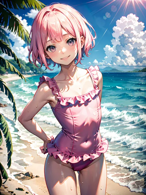 Slim fit ladies pink kawaii swimsuit，with ruffles (Wet loading:1.0) Bangs middle school short Bob do smile 1 person beach，Hands behind your back，One guy，A pink-haired，