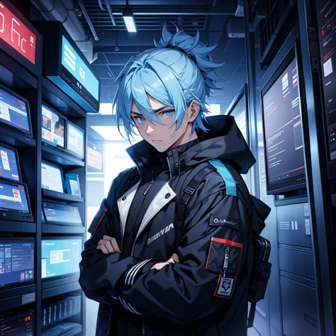 Hacker with jacket, young man, in front of servers, emosional, stunning art, blue eyes.