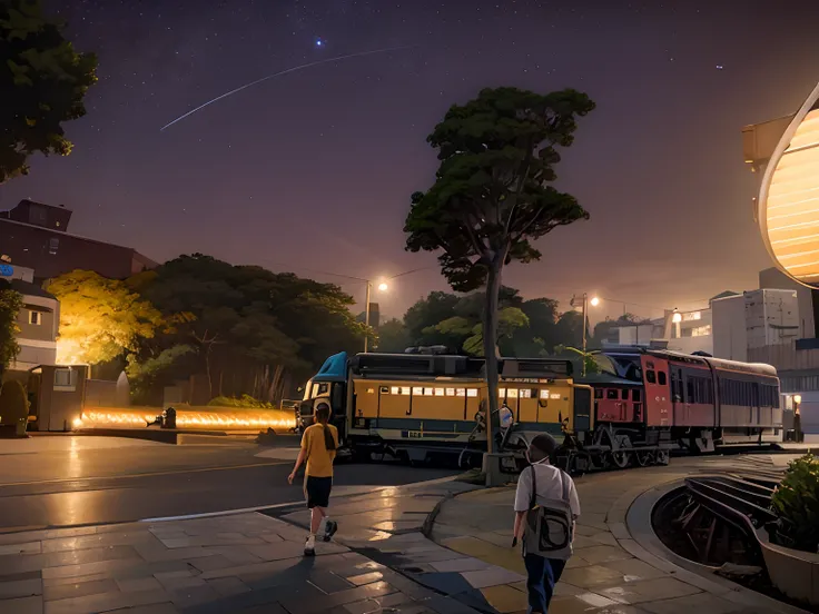 people walking on a sidewalk at night with a train in the background, searchlights in background, torches alit in the background, 8 k ), during night, a wide shot, 8 h, 2 4 mm iso 8 0 0, photo taken at night, taken with sony alpha 9, 8k 50mm iso 10, taken ...