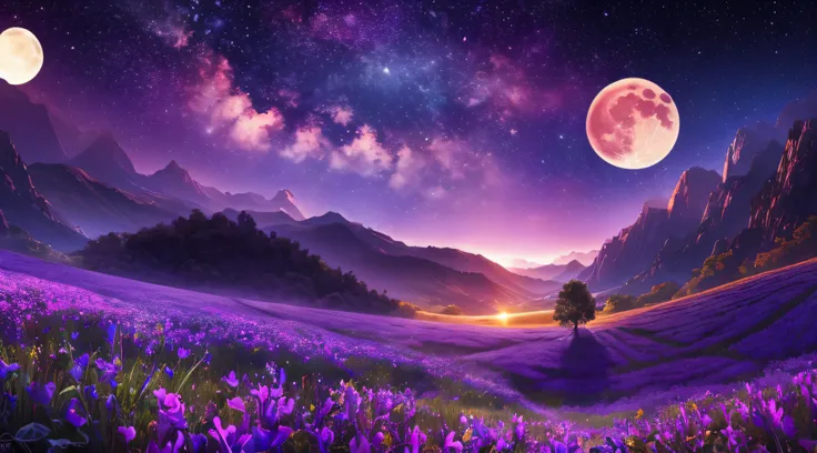 expansive landscape photograph , (a view from below that shows sky above and open field below), a girl standing on flower field looking up, (full moon:1.2), ( shooting stars:0.9), (nebula:1.3), distant mountain, tree BREAK
production art, (warm light sourc...