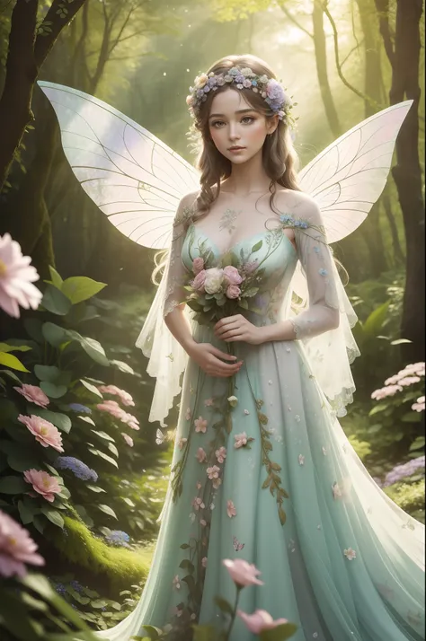 a floral fairy as the central at a whimsical woodland scene where vibrant blooms and lush greenery create a magical backdrop. th...