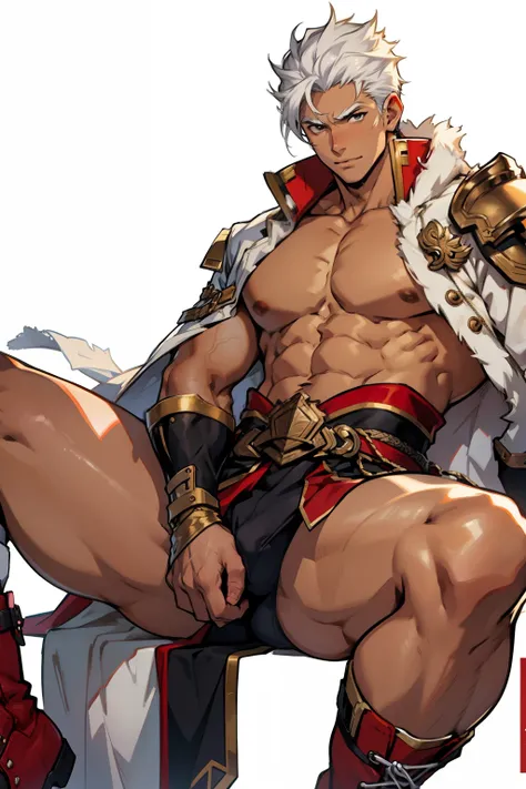 Highest image quality，male people，child，1 boy，Young and handsome，shoun，White color hair，Short flat top hair，Dark  skin，anime big breast，anime wallpaper，Solo，malefocus，Briefs，Dilation of the pectoral muscles，Red cape，Bulging crotch，Urban background，spread t...