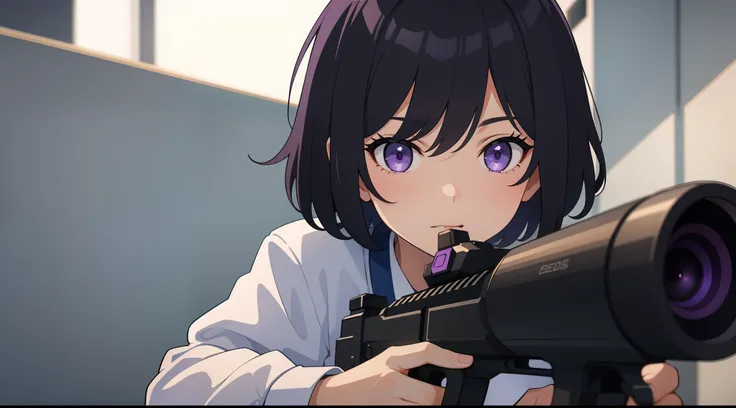 {{masterpiece}}, {{{best quality}}}, {{ultra-detailed}}, {{illustration}}, {{{1girl}}}, short hair,purple eyes,black hair,With a gun