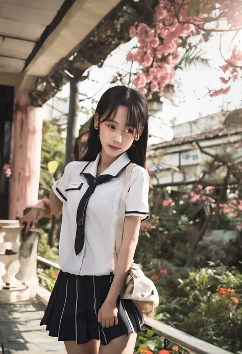 16 years old wearing a Shenzhen school uniform top，White-skinned big-breasted beauty wearing black bikini underneath