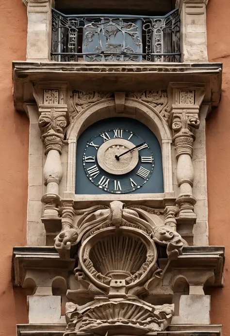 Hay un reloj en el costado de un edificio de ladrillo, Highly detailed stonework, On the balcony of the Palace, Detailed classical architecture, Arquitectura altamente detallada, Estilo romano antiguo, Arquitectura detallada, Fachada de piedra, Architectur...