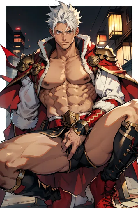 Highest image quality，male people，child，1 boy，Young and handsome，shoun，White color hair，Short flat top hair，Dark  skin，anime big breast，anime wallpaper，Solo，malefocus，Briefs，Dilation of the pectoral muscles，Red cape，Bulging crotch，Urban background，spread t...