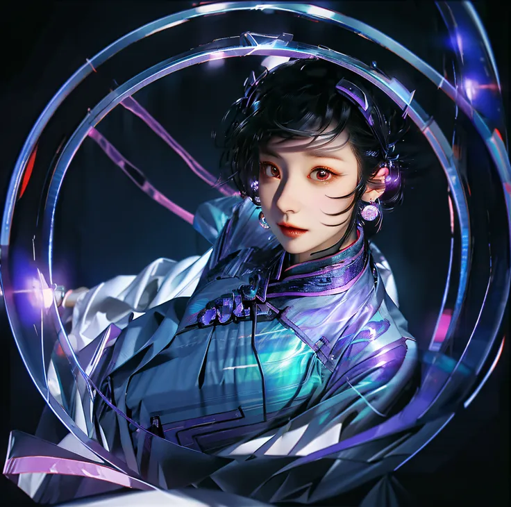 1 rapariga， Chinese_clothes， Liquid purple titanium and black， Cyberhanfu， on cheongsam， Cyberpunk-city， dynamicposes， Details illuminated headphones， luminous hair ornaments， long whitr hair， Luminous earrings，Glowing necklace，cyber punk perssonage， a hig...