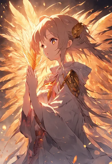 girl with a golden feather in her hand