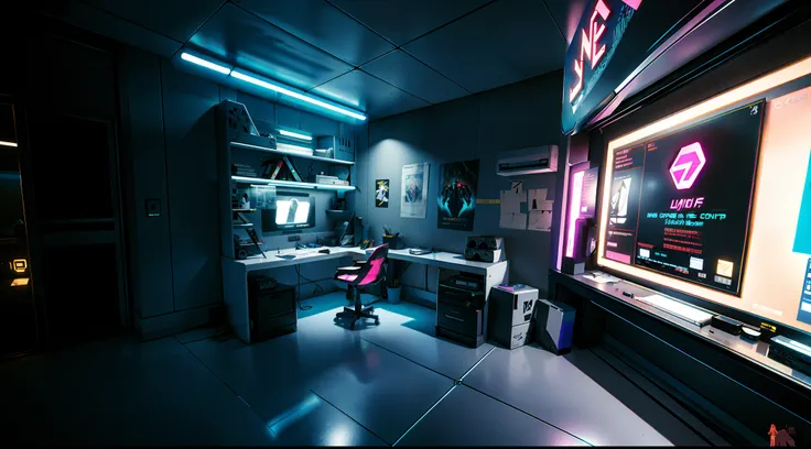 v'home, computer desk, neon lights, neon trim, hologram, (hiquality, beste-qualit, hight resolution), (ultimate phtoreal concept...