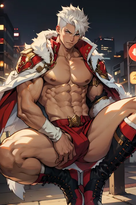 Highest image quality，male people，child，1 boy，Young and handsome，shoun，White color hair，Short flat top hair，Dark  skin，anime big breast，anime wallpaper，Solo，malefocus，Briefs，Dilation of the pectoral muscles，Red cape，Bulging crotch，Urban background，spread t...