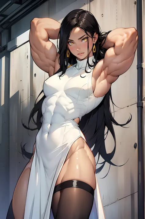 (((((1 girl))))), black hair, yellow eyes, very long hair, ((((((muscular)))))), tall, pale skin, tight dress, (solo), leotard, arms over head