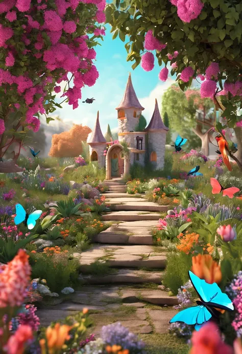 For me to create a photographic background with a charming garden theme, ecological elements of flowers, butterflies, trees, birds and everything very colorful