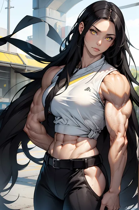 (((((1 girl))))), black hair, yellow eyes, very long hair, ((((((muscular)))))), tall, pale skin, (solo)