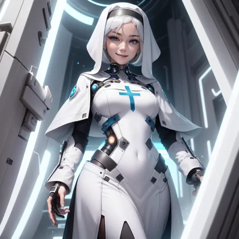 neotech,sleek,  scholar , scroll, 1girl,long hair, blue skin,white hair, blue eyes, smile ,closed mouth,  bob cut, nun, crosses