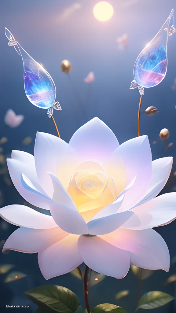 1 moon，Beautiful transparent flower fairy baby, Transparent colorful wings, The wand flutters in the wind､The wand flashed with starlight，Golden wand，Beautiful blue sky and white clouds、Girls have transparent wings､kindly smile､Beautiful garden background､...