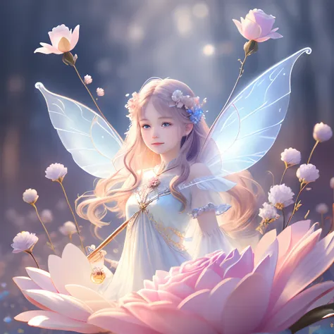 1 moon，beautiful transparent flower fairy baby, transparent colorful wings, the wand flutters in the wind､the wand flashed with ...