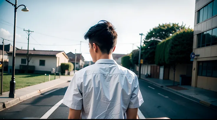 best qualtiy，Heads-up，A half body，Back shadow，Boy student，Black hair，Background secondary school