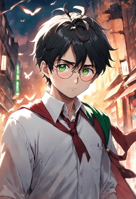 harry potter, guy, black hair, tousled, green eyes, wear glasses, pale, child, white shirt, cute, red tie, bunny ears