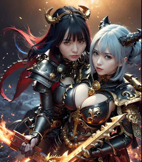 (masutepiece), Professional , ​masterpiece、top-quality、photos realistic , depth of fields （Gemstone Black Metal Body:1.９),(Matte Black、（cleavage of the breast）、Dragon Gold Weapon（Dragon Metal Body:1.４),Gorgeous Silver Weapons ,（（ Dragons dense and gorgeous...