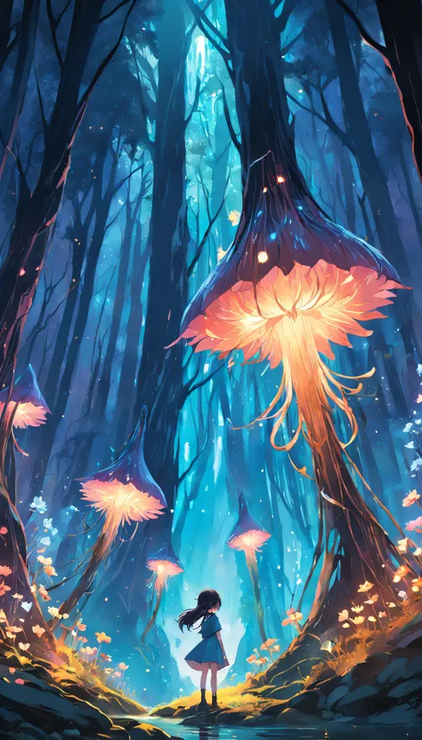 In the middle of a magical forest，A tall and beautiful dream flower grows, Sparks glow around it, mysterious glow,  Childrens book illustration style, Simple, Cute, full-color, Works of art by Kahn Griffith and Vadim Kashin - no outline