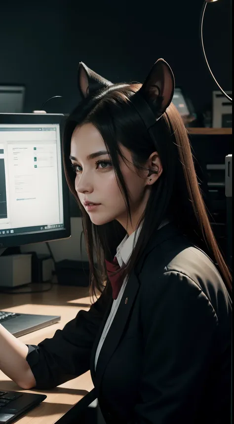 female office staff, working in the office, rat ears, computer background, matrix