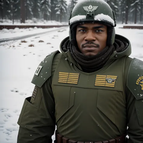 african-american warhammer 40k imperial guardsman, close up face, snowy military base