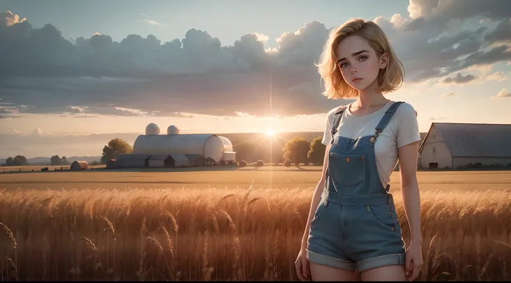 gorgeous woman ("kiernan shipka"), behind view, pale shinny skin, in a wheat field farm, overalls only, no shirt, warm light, ray tracing, backlighting, UHD, anatomically correct, textured skin, super detail, award winning, masterpiece, 8k, best quality