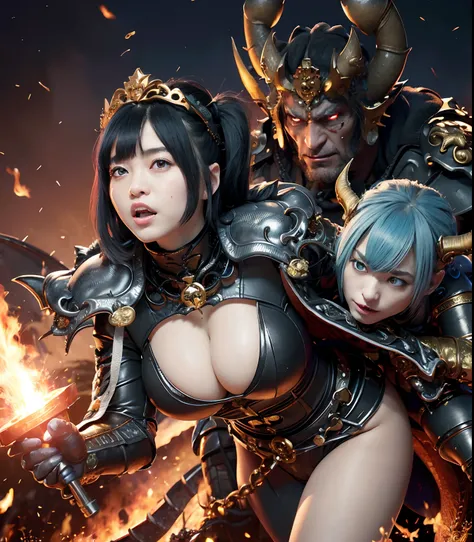 (masutepiece), Professional , ​masterpiece、top-quality、photos realistic , depth of fields （Gemstone Black Metal Body:1.９),(Matte Black、（cleavage of the breast）、Dragon Gold Weapon（Dragon Metal Body:1.４),Gorgeous Silver Weapons ,（（ Dragons dense and gorgeous...