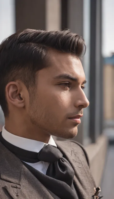 Handsome brown man in black suit in city