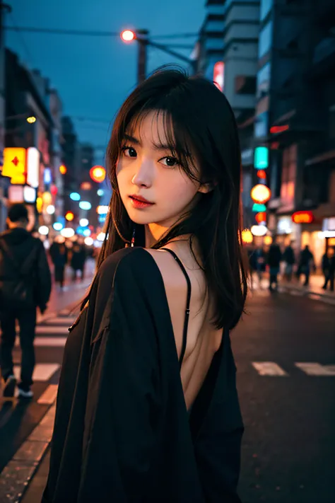 1girl, Tokyo street,night, cityscape,city lights, upper body,close-up, 8k, RAW photo, best quality, masterpiece,realistic, photo-realistic,