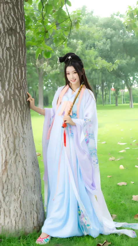 ((tmasterpiece：1.4)),real records，cinematic lighting effects，woman leaning against tree in blue and white dress, a girl in hanfu...