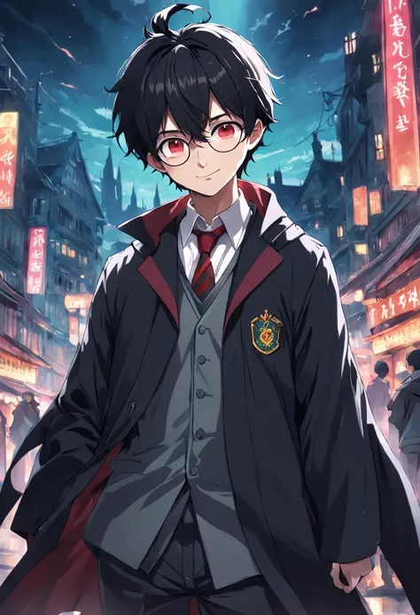 harry potter, guy, black hair, tousled, green eyes, wear glasses, pale, smile, child, white shirt, black coat, cute, red tie, black bunny ears