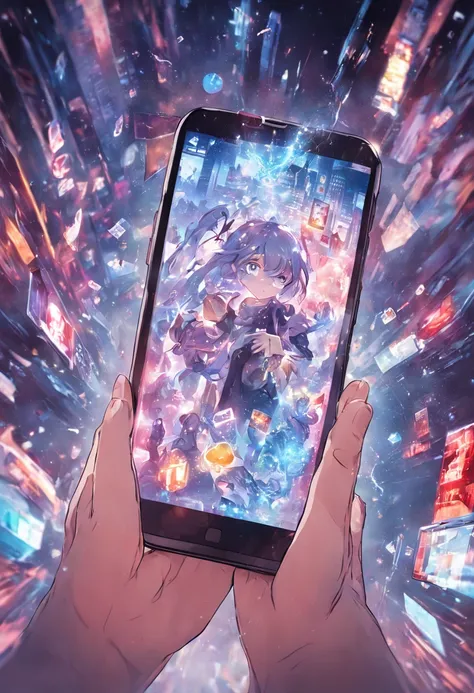 someone holding a smart phone with a lot of different images coming out of it, photo - shot, snapshot, photo render, digitally enhanced, digital media, the image is futuristic, visuals, technological screens, amazingly composed image, information, high qua...