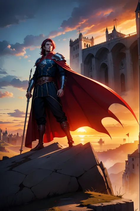 Dois personagens guerreiros, entardecer, 8k, magnifica, poderoso, magia, Mantos, sangue, Cidade medieval, dramatic scene, Colors of Gothic armor, sky with many clouds, Magnificent, tunic, Long, flowing red cape