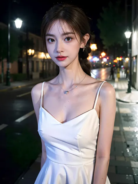 (standing on a dark street), (street lamp), (low key lighting), (night), casual pose, (extremely delicate and beautiful work), (masterpiece), 1girl, a girl in a white dress, highly detailed, leaky Waist, twisted ponytail, charming expression, beautiful cle...