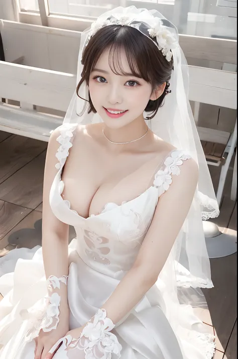 Alafin Asian bride in white wedding dress sitting on bench, Japan person model,(((beautiful countenance))),(((big eye))),(((Beautiful eyes))),(((long lashes))),((Beautiful teeth alignment)),beautiful Korean women, goddess of Japan, Gorgeous young Korean wo...