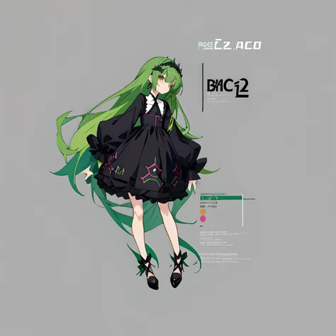 Anime girl in black dress with green hair and black shoes, anime full body illustration, Anime girl wearing black dress, full body portrait of a short!, loli in dress, Flat anime style, anime moe art style, Full body illustration, 2D illustration, 2 d illu...