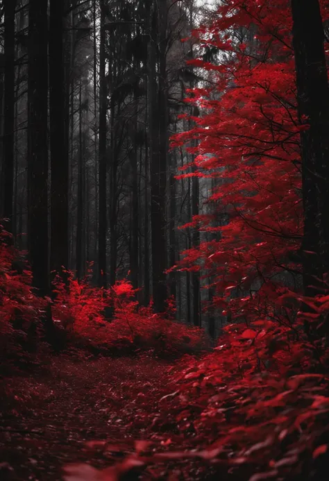 a dark shadow seen passing quickly in a blur, its a bit muddy, surrounded by tall trees with red leaves. The forest is dimly lit, criando um contraste entre as cores vermelha e preta. The image evokes a sense of mystery and danger.