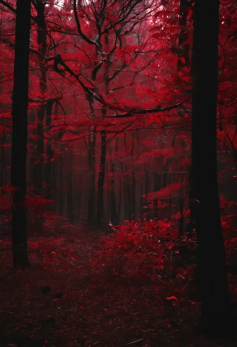 a dark shadow seen passing quickly in a blur, its a bit muddy, surrounded by tall trees with red leaves. The forest is dimly lit, criando um contraste entre as cores vermelha e preta. The image evokes a sense of mystery and danger.