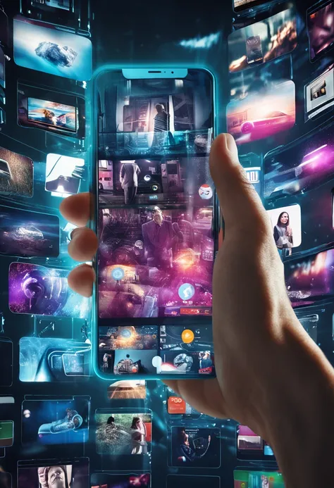 someone holding a smart phone with a lot of different images coming out of it, photo - shot, snapshot, photo render, digitally enhanced, digital media, the image is futuristic, visuals, technological screens, amazingly composed image, information, high qua...