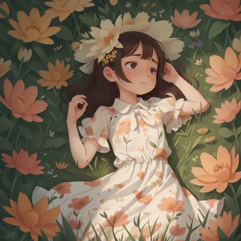 1 girl lying on the grass, floral dress, sad, charming but discreet, flowery, elegant