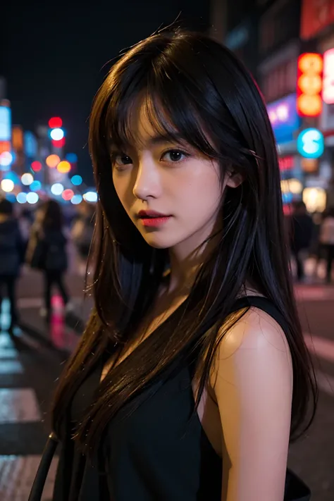 1girl, Tokyo street,night, cityscape,city lights, upper body,close-up, 8k, RAW photo, best quality, masterpiece,realistic, photo-realistic,