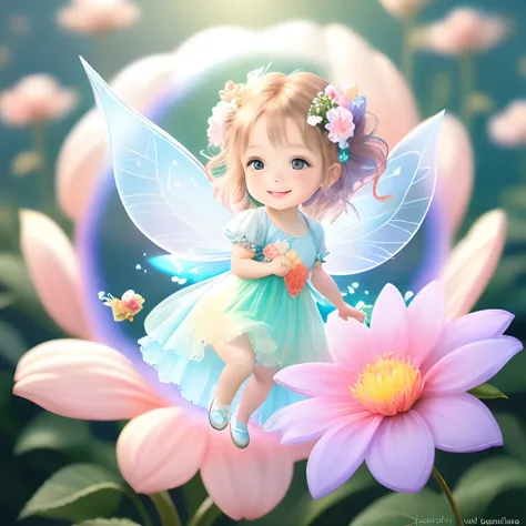 Cute flower fairy baby，Take the magic wand，The beautiful fairy with a sense of transparency has a bright smile，Lets be happy，Beautiful garden background，Bright rainbow-colored landscape